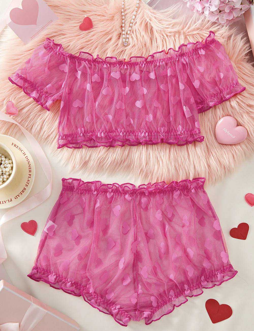 Ladies Heart Print See Through 2PCS Lingerie Sets 8XX0181