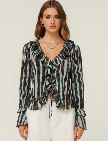 SKTKX32 Women Color Block Stripe Print Long Sleeve Cardigan