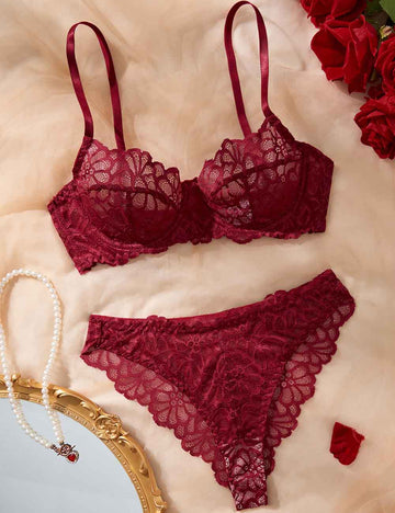 Ladies Sexy Sheer Lace Embroidery Scalloped Edge Lingerie Set