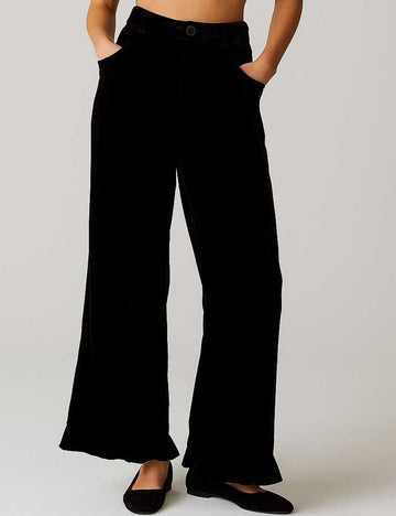 Ladies Velvet Solid Color Ruffled Wide Leg Pants