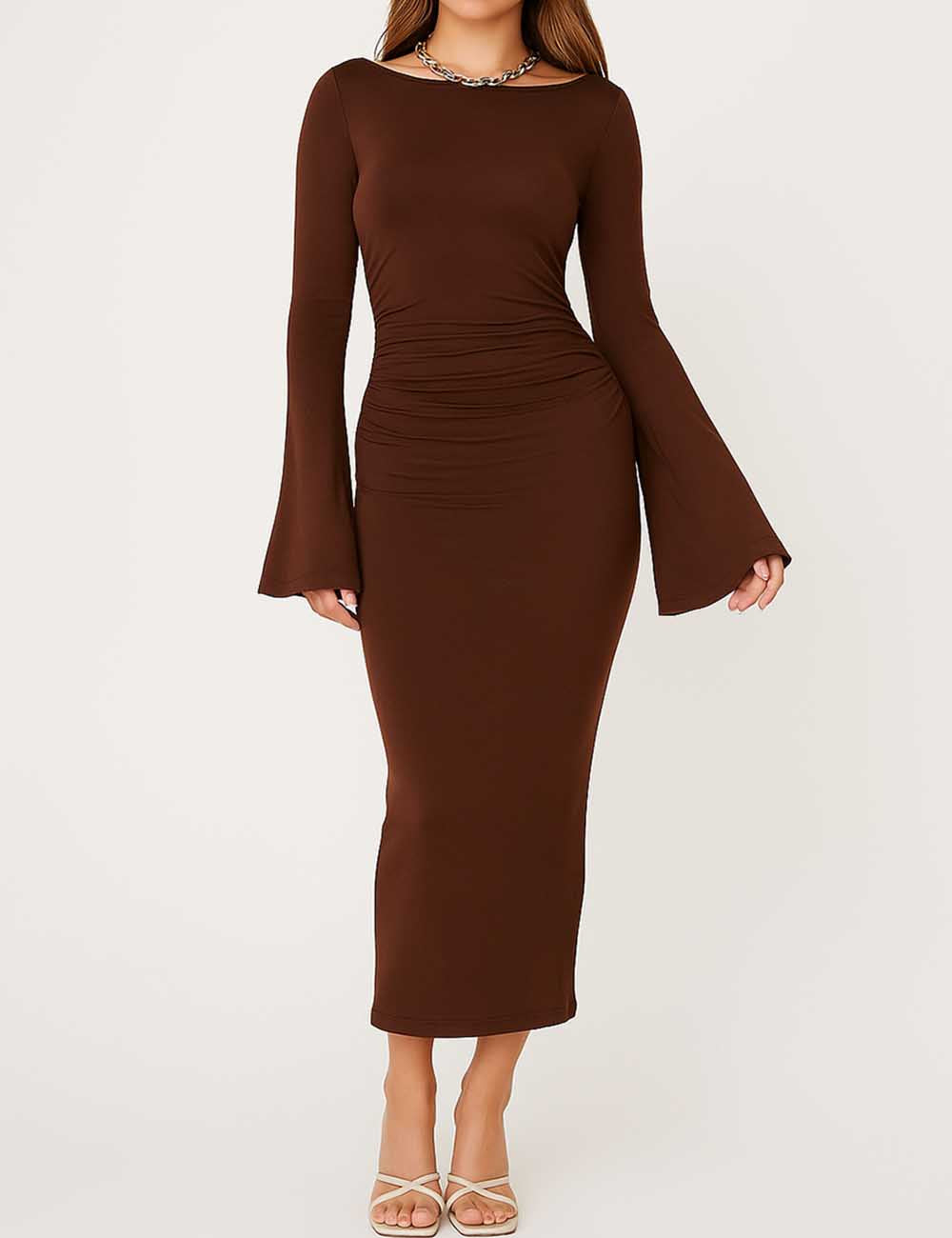 Ladies Round Neck Flared Sleeves Hip Wrap Split Maxi Dress