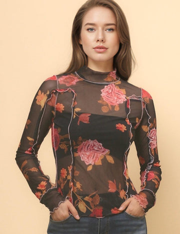 Ladies Floral See Sheer Mesh Layring Top Pullover Blouse SKT4799