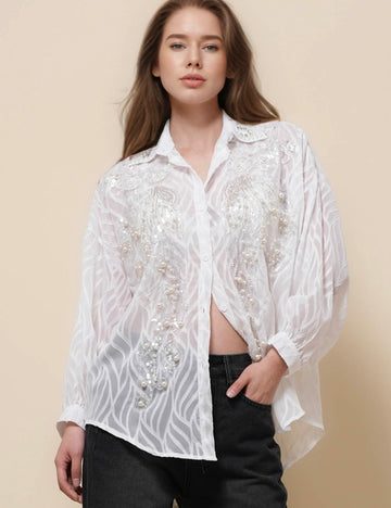 Ladies Turndown Collar Long Sleeves Embroidery Shirt SKT51186