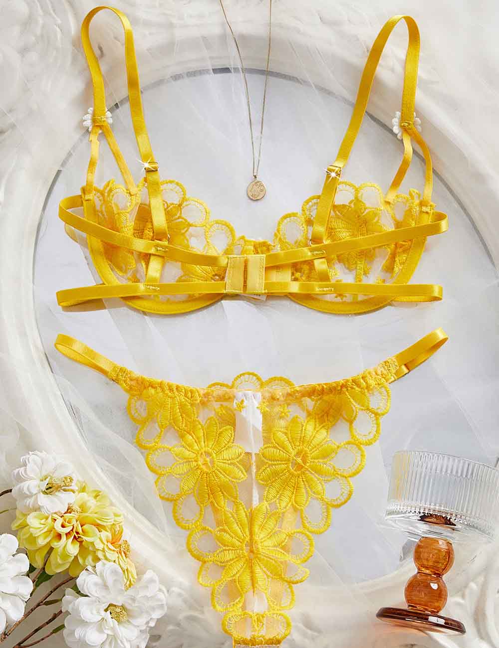 Ladies Sexy Daisy Embroidery Sheer Mesh Lingerie Set