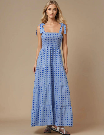 Ladies Summer Smocking Print Ruffle Maxi Dress P1333