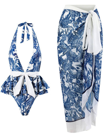 Halter Ruffle One Piece Swimwear with Cover SKSW40140