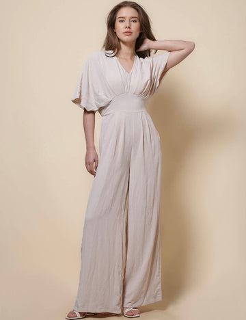 Ladies V-Neck Mid Sleeves Wide Leg Jumpsuit SKJ41276