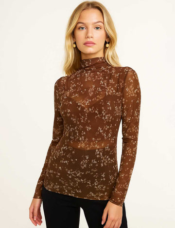 Women Tiny Flower Blouse See Sheer Mesh Layring Top