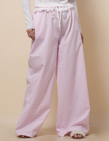 Ladies Elastic Waist with Lace Color Block Checked Pants SKP51100