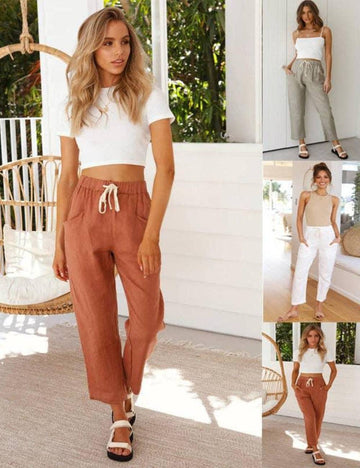 Solid Color Linen Casual Fit Ladies Pants SKP0111