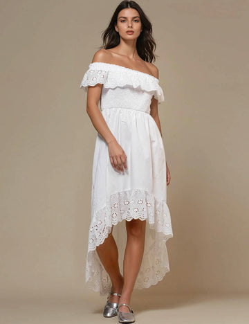 Ladies Off-Shoulder Floral Eyelet Midi Dress SKD50298