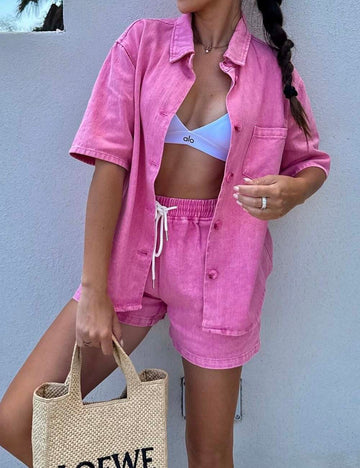 Ladies Turndown Collar Short Sleeves Top & Shorts Denim Set