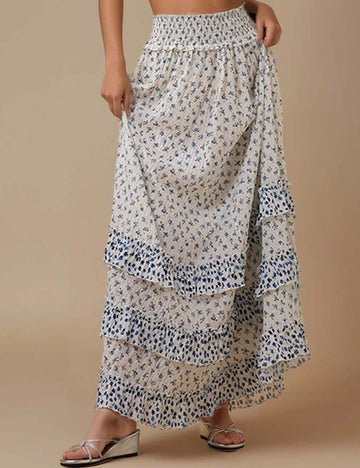 Ladies Color Block Floral Print Ruffle Smocking Maxi Skirt