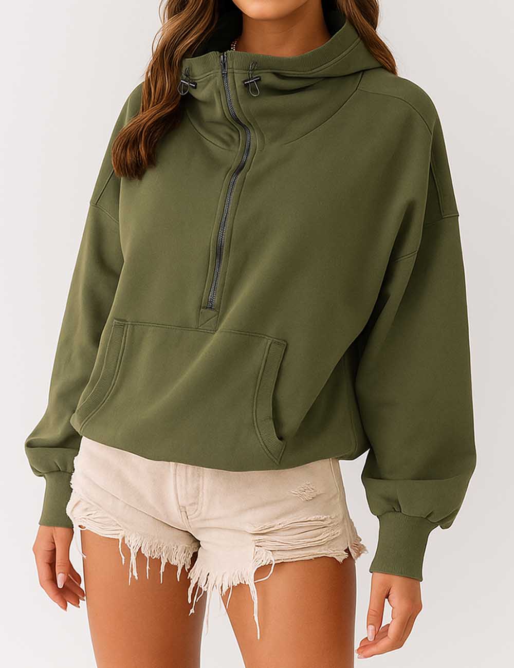 Ladies Hoodie Zip Collar Pocket Long Sleeves Sweatshirt