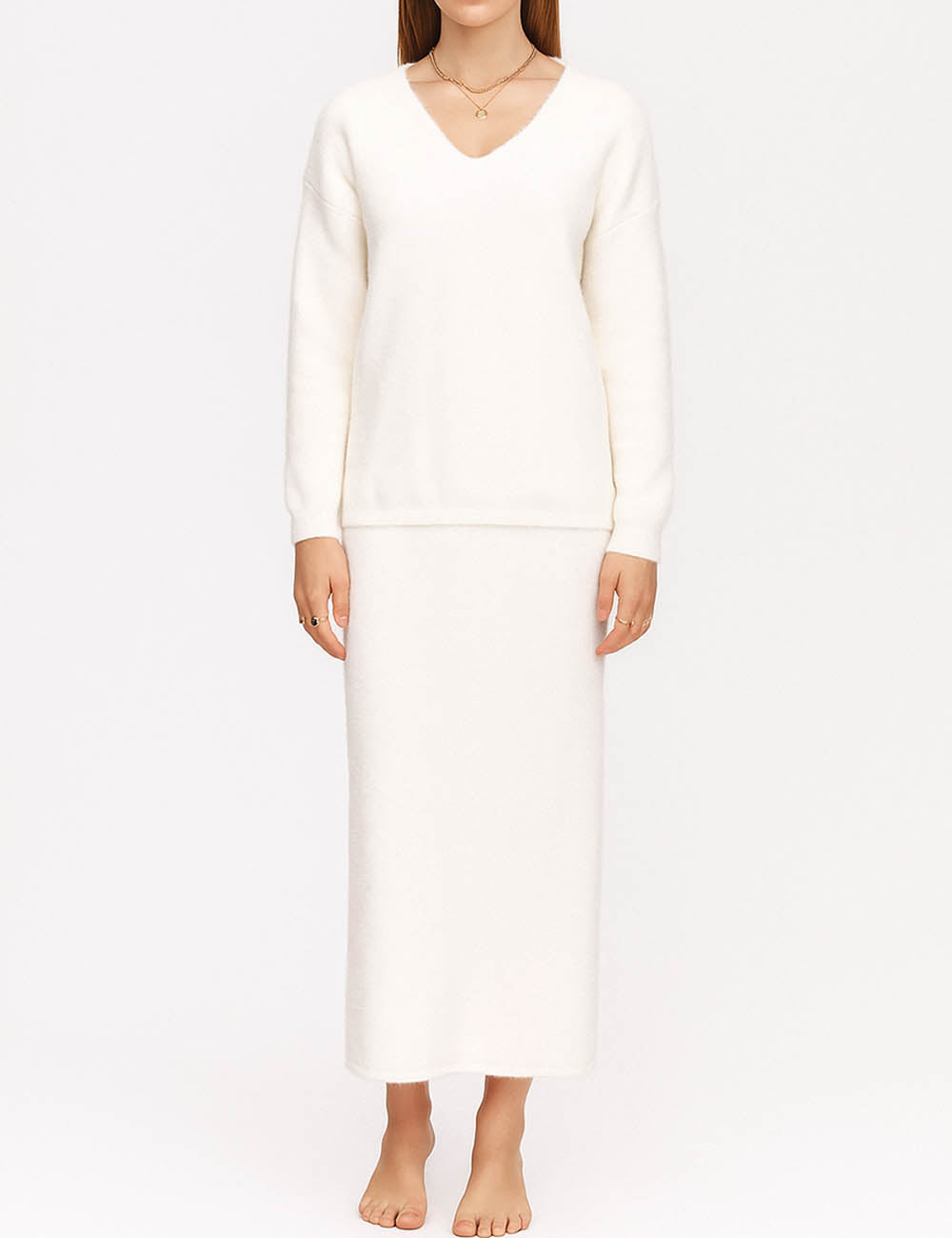 Ladies Faux Mink Fur V-Neck Sweater Top & Midi Skirt Set