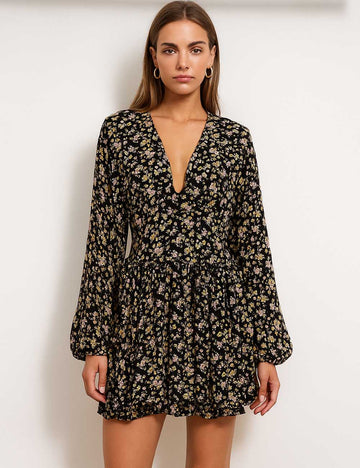 Ladies Floral V-Neck Long Sleeves Tiered Ruffle Mini Dress