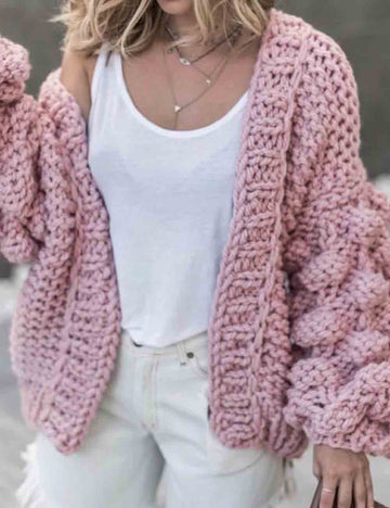 Ladies Solid Color Lantern Sleeves Open Front Chunky Knit Cardigan