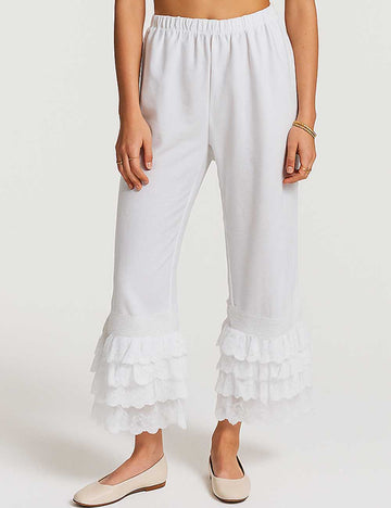 Ladies Elastic Waist Ruffle Floral Embroidery Wide Leg Pants