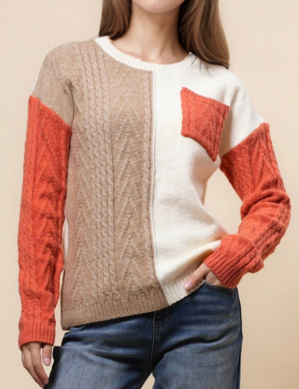 Ladies Cable Knit Color Block Pullover Sweater SKT41011