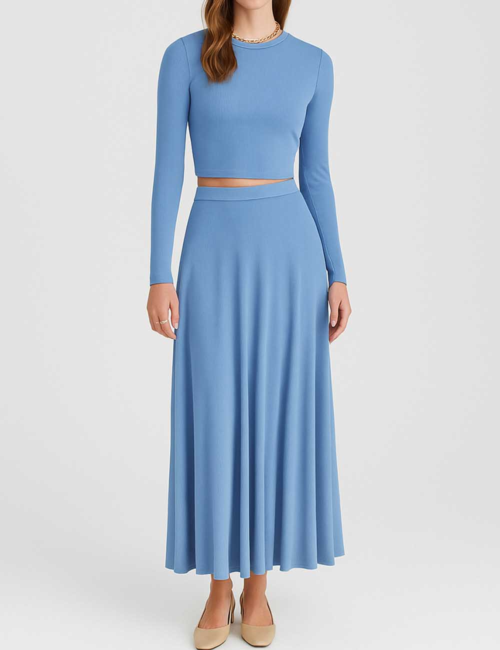 Ladies Stretch Ribbed Knit Round Neck Top & Skirt Set