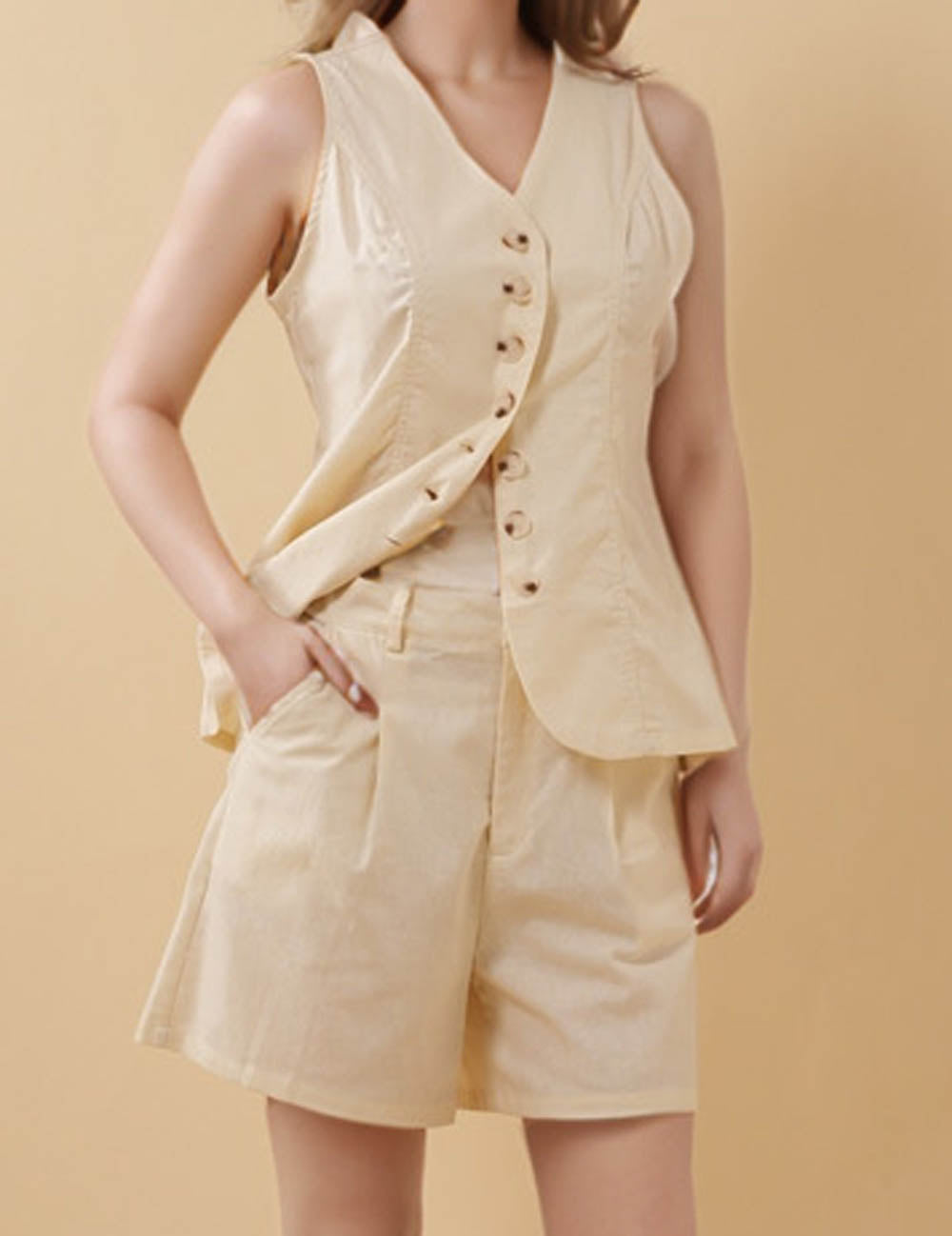 Ladies Solid Color V-Neck Button Sleeveless Vest Top & Shorts