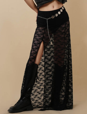 Ladies Solid Color See Through Lace Maxi Skirt 8SKS51215