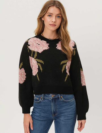 Ladies Round Neck Floral Pattern Lantern Sleeves Sweater