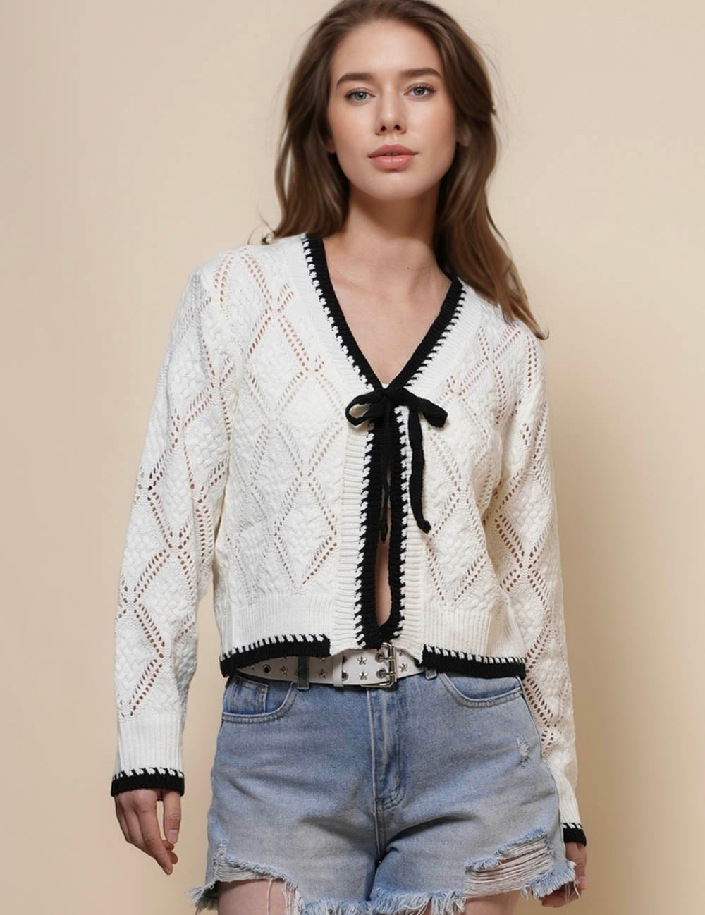 Ladies String Tie Color Block Light Cardigan SKT50167