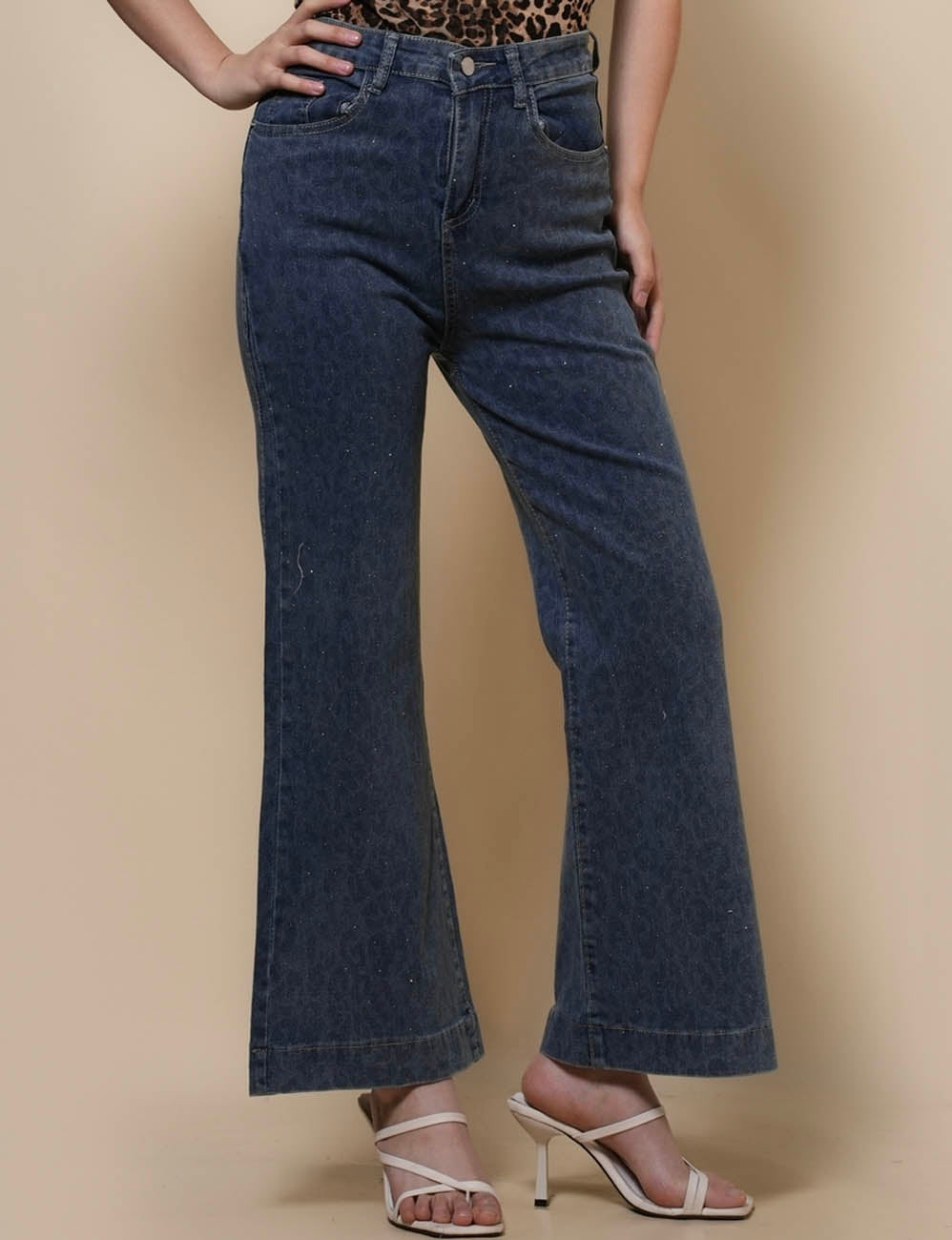 Ladies Leopard Print Pocket Wide Leg Demin Pants