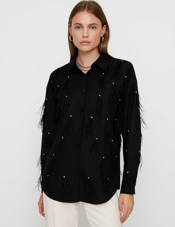 Ladies Solid Color Shiny Beading Feather Button Down Shirt