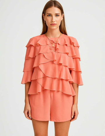 Ladies Tiered Ruffle Blouse Wide Leg Shorts 2PCS Set