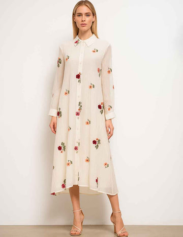 Ladies Embroidery Turndown Collar Long Sleeves Midi Dress