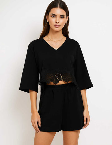 Ladies Solid Color V-Neck Lace Short Sleeves Top & Short Set