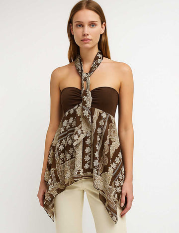 SKT5KJ83 Ladies Floral Print Off-Shoulder Halter Sleeveless Top
