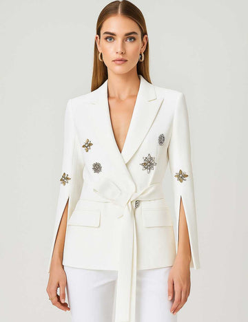 Ladies Rhinestone Waist Belt Long Sleeves Vent Long Blazer