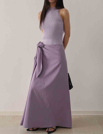 Ladies Solid Color Halter Sleeveless Knit Top & Skirt Set