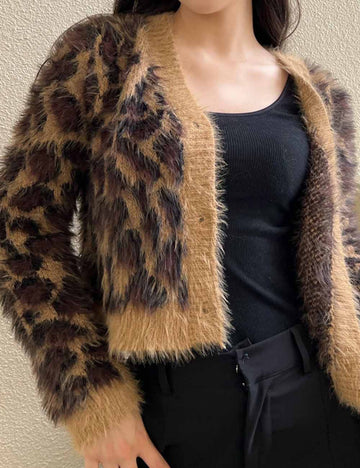 Ladies Leopard Print V-Neck Long Sleeves Knit Cardigan