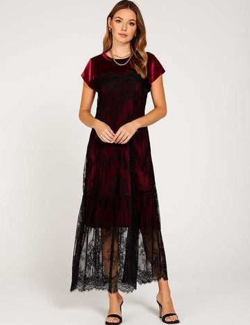 Ladies Round Neck Elegant Velvet Lace Maxi Dress