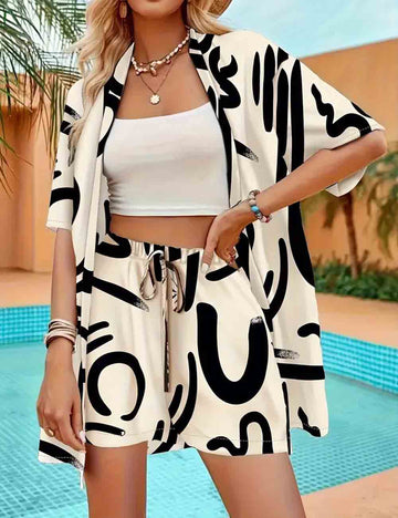 Ladies Geometric Print Short Sleeves Top & Shorts Set