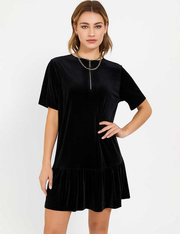 Ladies Velvet Zip Open Ruffled Short Sleeves Mini Dress