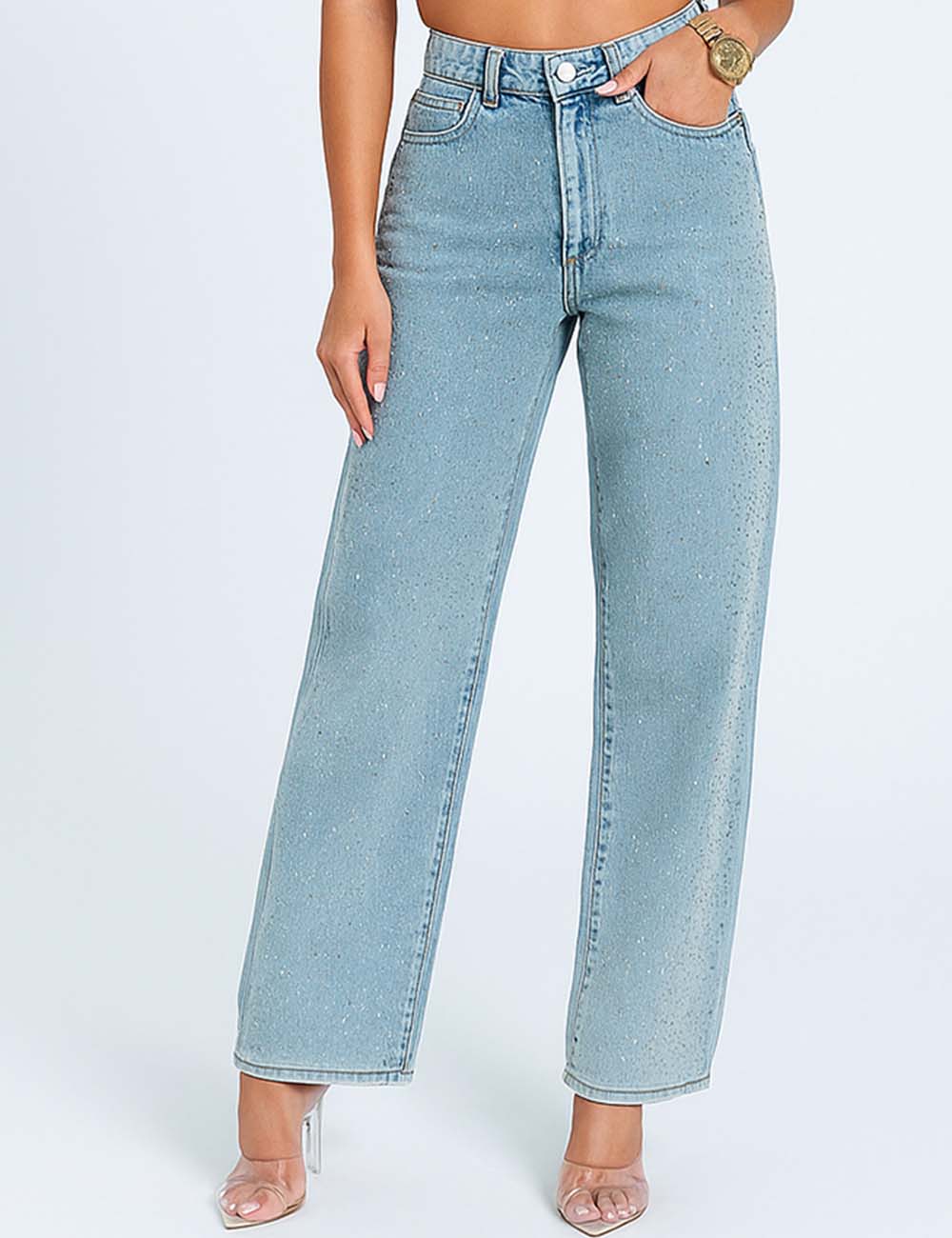 Ladies Rhinestone Button Front Straight Leg Denim Pants