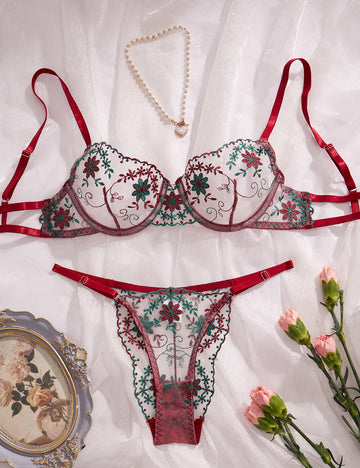 Ladies Embroidery Floral Bra Thong 2PCS Lingerie Set SKLG4045
