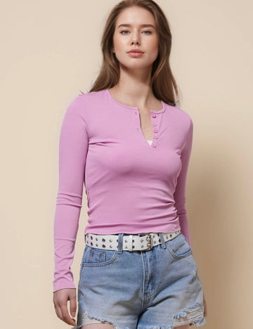 Ladies Round Neck Long Sleeves Button Down Blouse SKT41293