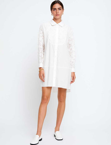 Ladies White U-Shaped 3D Flower Lace Sleeves Shirt Midi Dress