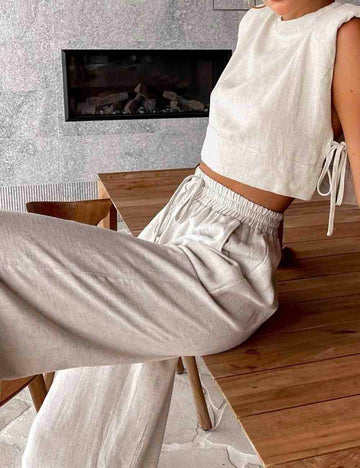 Linen Sleeveless Crop Top and Pants 2PCS Set 2TZ2186