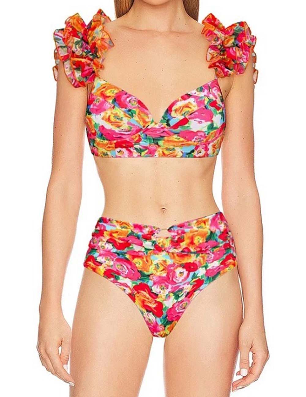 Ladies Floral Print 2PCS Bikini Set with Salong