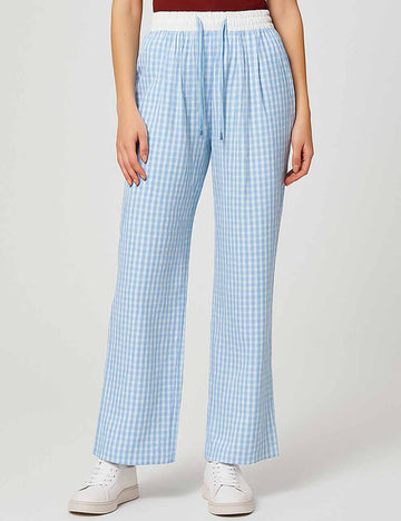 Ladies Color Block Checked String Tie Wide Leg Pants