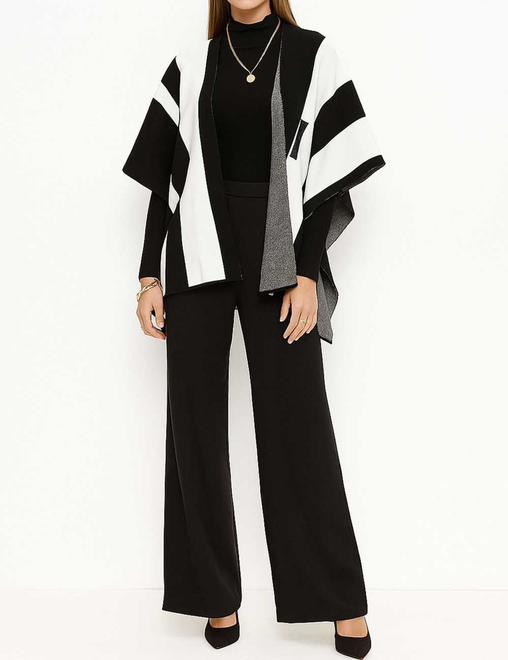 Ladies Color Block Knit Sweater & Shawl Cape & Pants 3PCS Set