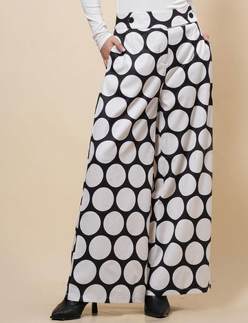 Ladies Color Block Trousers Botton Waist Wide Leg Pants SKP4847