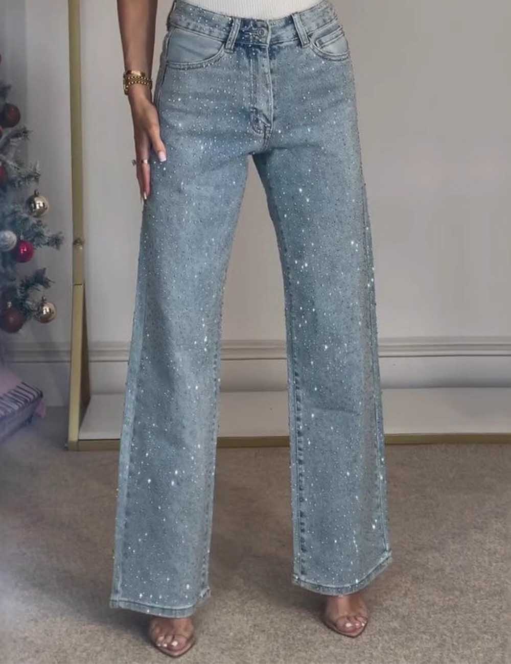 Ladies Rhinestone Button Pocket Straight Denim Pants